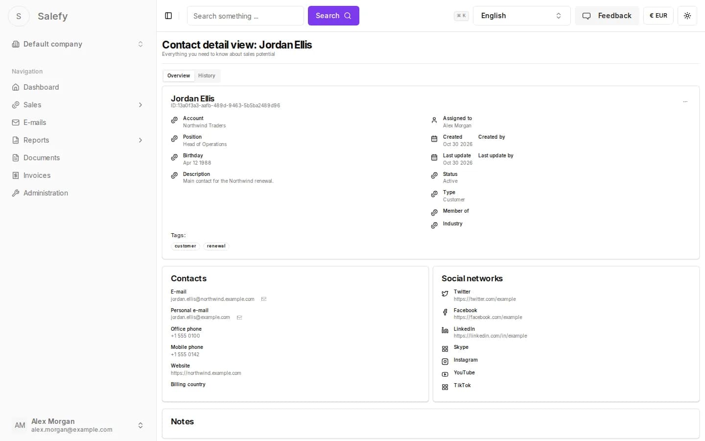 A contact page with details and related records
