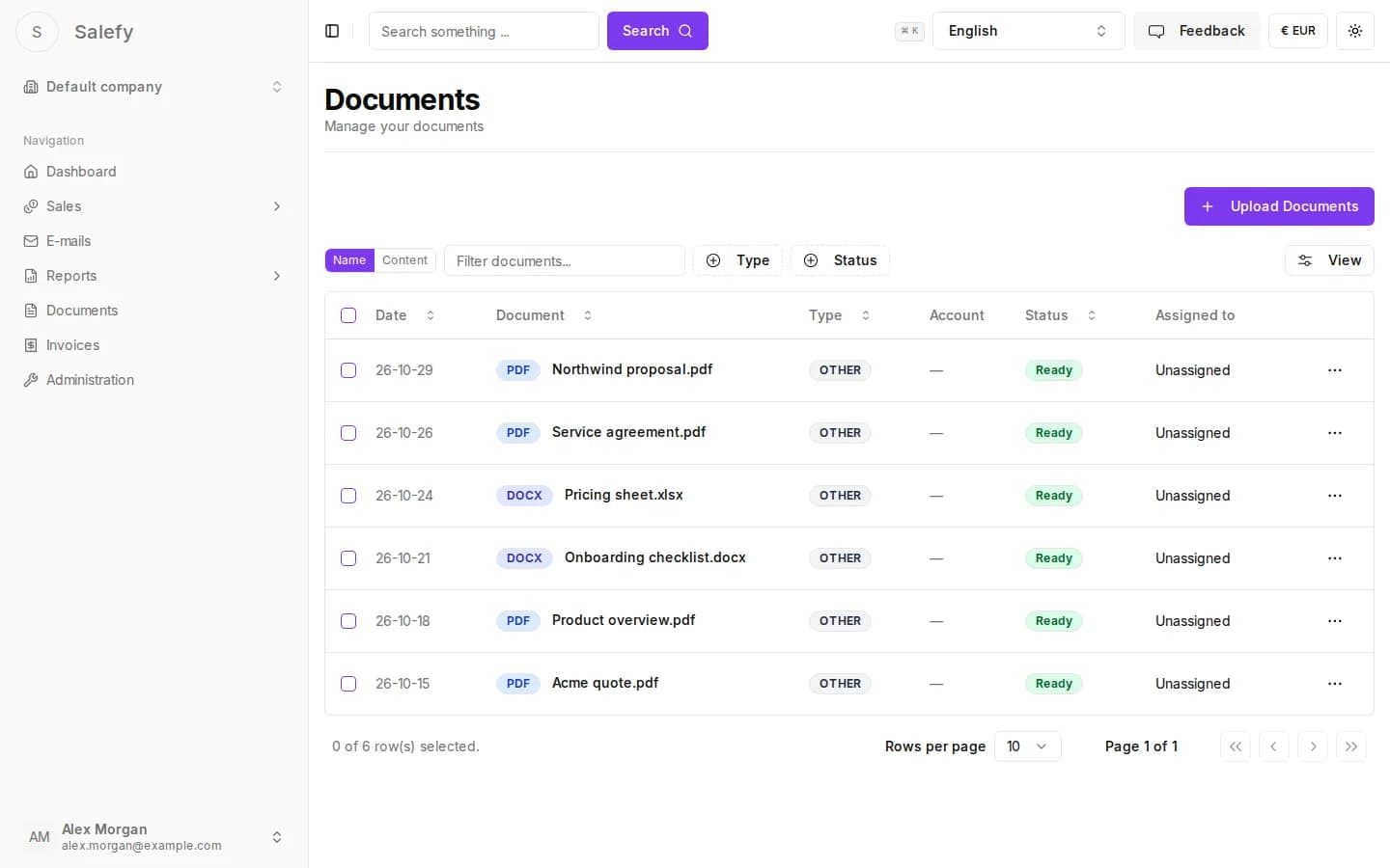 Documents list with uploaded files
