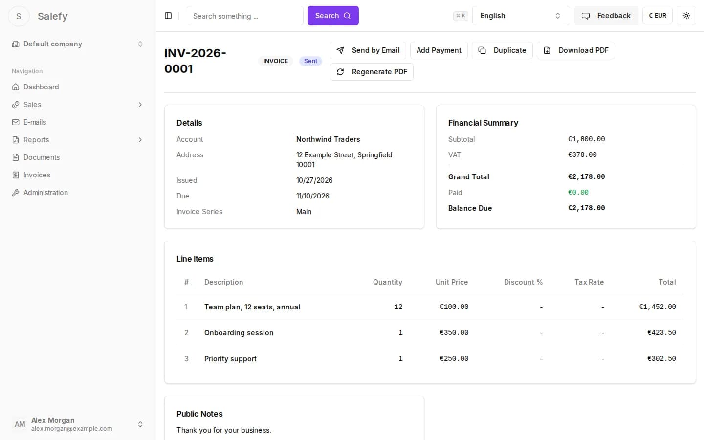 An invoice with line items and totals