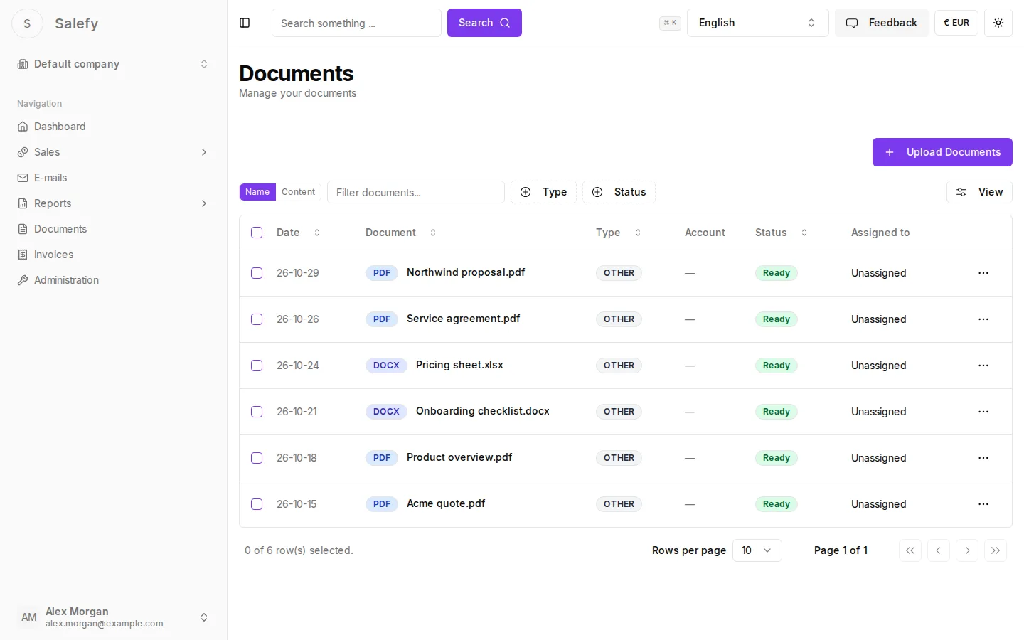 The Documents list in Salefy with file names, types, linked company and status